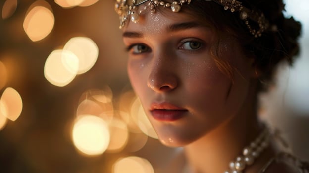A closeup of a young woman with a pearl necklace and a pearlstudded headband, her skin glowing with rosy and a touch of pearlescent powder. The soft sparks add a dreamy quality to the photo