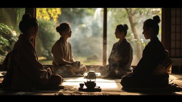 A group of people sitting together in stillness, partaking in a mindful tea ceremony. photo