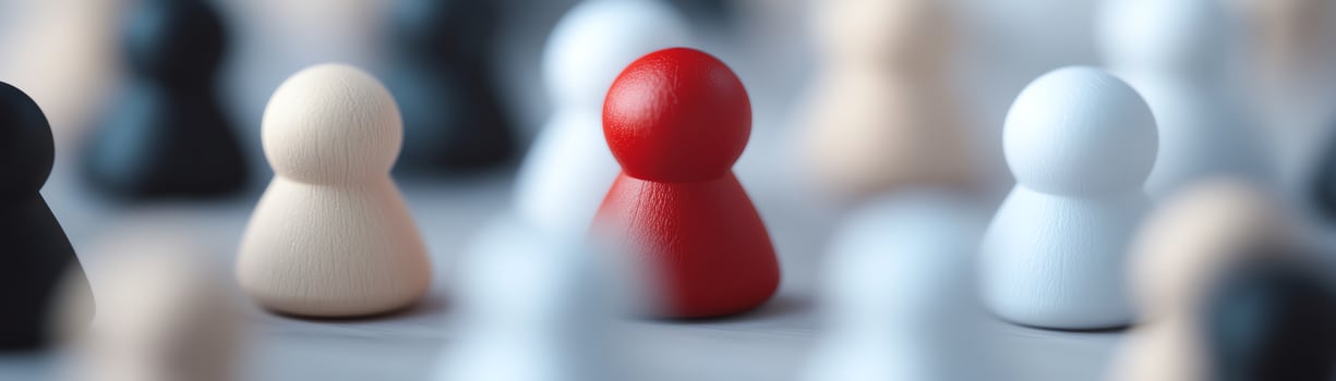 Unique red pawn standing out among white and beige pawns, symbolizing individuality and leadership in a crowd. Selective focus. photo