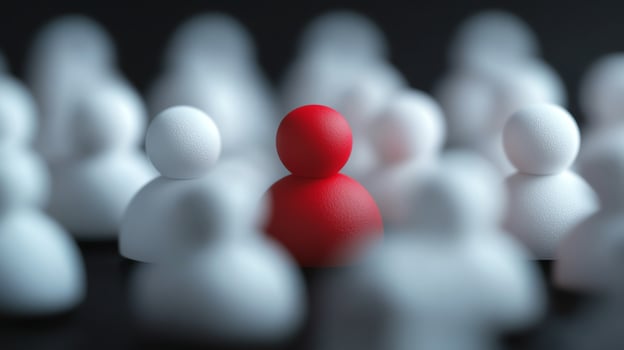 Red figure standing out among white figures, representing individuality and uniqueness in a crowd. Concept of leadership and differentiation. photo