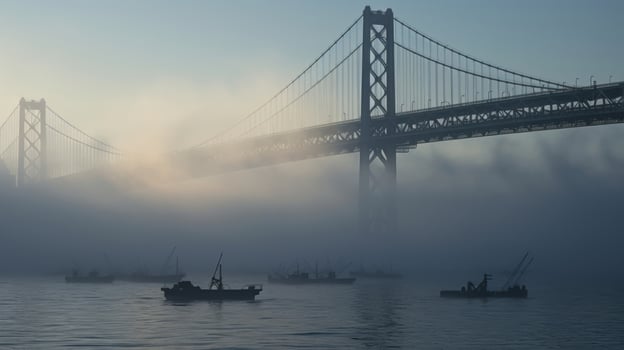 The misty fog drifts across the Bay Bridge, transforming the bustling city into a dreamlike landscape. photo