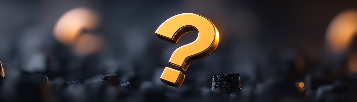 Golden question mark symbol surrounded by a dark, indistinct background, representing curiosity, inquiry, and mystery. photo