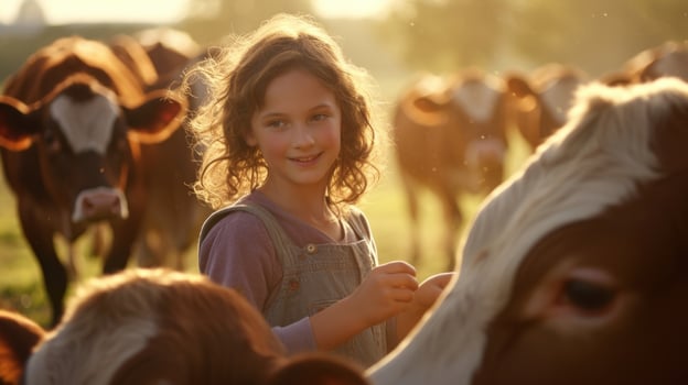 A young girl feeding carrots to a herd of cows, exemplifying the nurturing and compassionate nature of farming relationships. photo