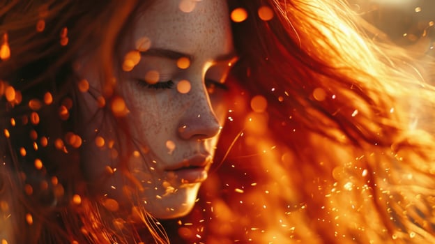 A breathtaking closeup of a woman with fiery red hair, her locks ablaze with ember sparks dancing around her face. photo