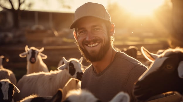 A young farmer purchases comprehensive livestock insurance to secure the wellbeing of their large herd of goats. photo