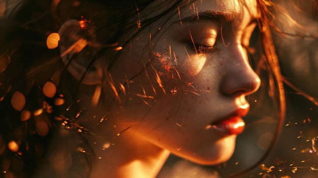 Soft and ethereal, with delicate fire particles dancing around her porcelain skin, giving off an otherworldly aura. photo