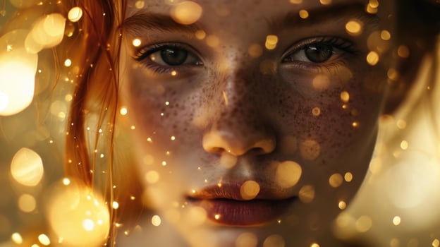 Delicate golden flecks dance around her face, highlighting her rosy and illuminating her features. photo
