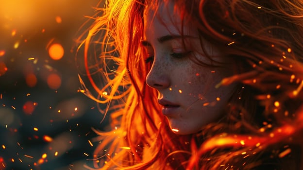 The mesmerizing sight of a woman with long, fiery red hair, her face bathed in the warm glow of the ember sparks that float around her. photo