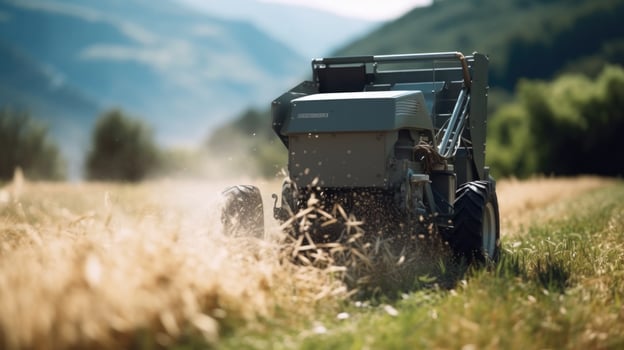 A closeup shot of a machine rumbling through a field, ting and preparing the grasses for the production of high volumes of animal feed. photo