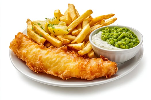 A plate with fish and chips and peas photo