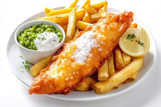 A plate with fish and chips and peas photo