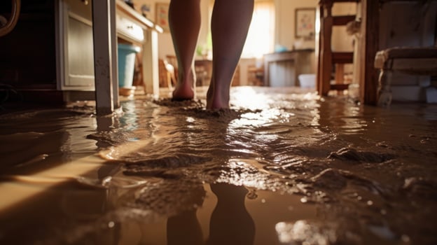 A closeup of muddy footprints in a flooded home tells the story of a familys desperate attempt to salvage their belongings before evacuating. photo