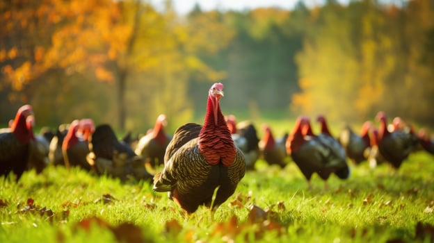 A flock of plump, feathered turkeys waddle through a lush green field on a bustling turkey farm. photo