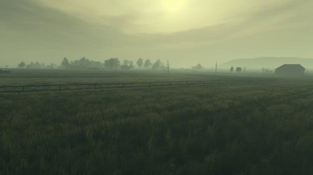 An eerie haze looms over the green fields, a cautionary reminder of the consequences of neglecting the environment for industrial gain. photo