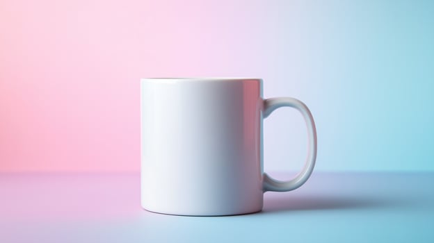 Single white coffee mug in front of pastel pink and blue photo