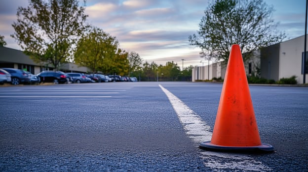 Traffic cone unused beside building in parking lot photo