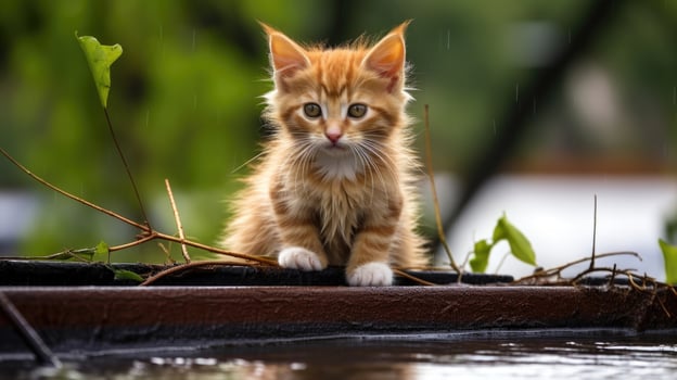 A determined cat perched on the roof of a submerged building, surveying the water below as it seeks a safe place to ride out the flood. photo