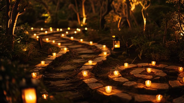 A labyrinth illuminated by the soft glow of lanterns, creating a peaceful and meditative atmosphere. photo