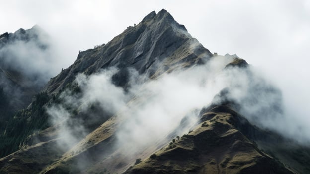 The fog creeps and swirls around the jagged edges of the mountain, as if it is alive. photo