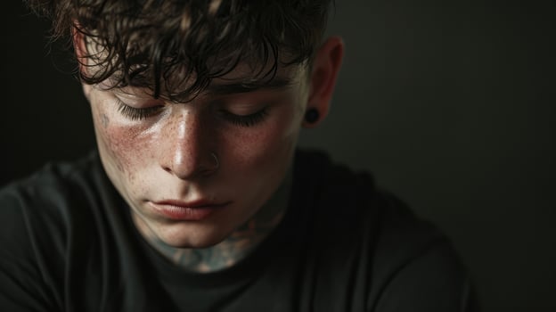A teenage boy with a tattoo of a loved ones name on his arm his eyes closed in a moment of grief photo