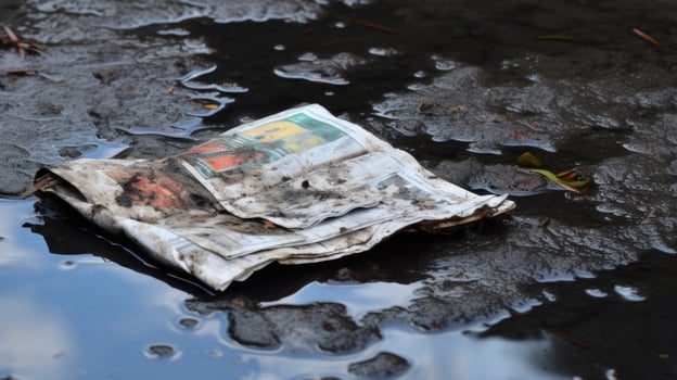 A sad sight of a once vibrant newspaper, now left to soak in a puddle and slowly disintegrate. photo