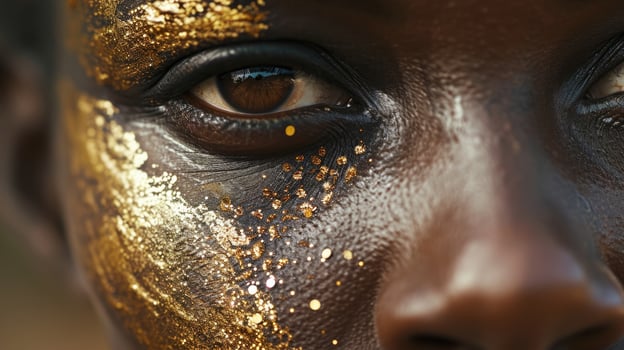 A closeup of a womans face with intricate tribal scarification and shimmering gold spark motifs, reflecting her unique identity and heritage. photo