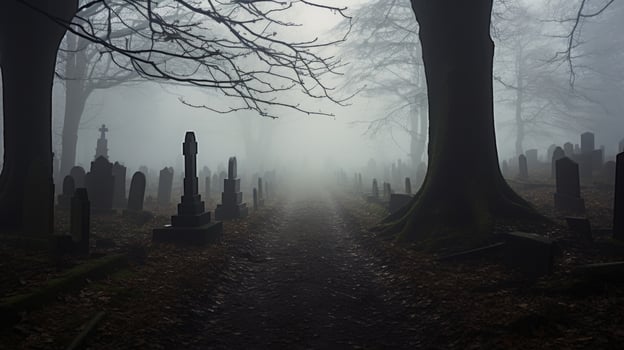 Enveloped in a thick blanket of fog, the graveyard holds secrets and stories that are yet to be uncovered. photo