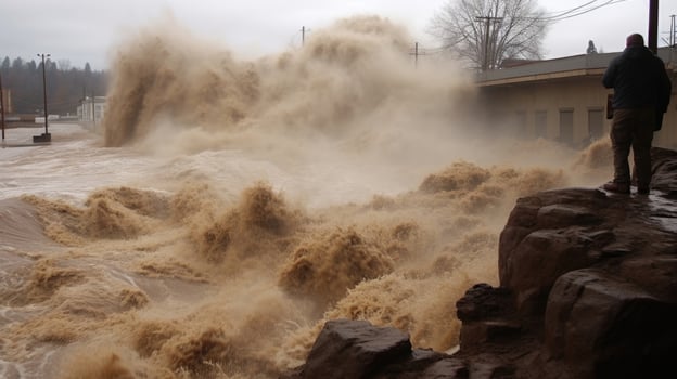 A relentless, closeup look at the power and destruction of rapidly flowing floodwater. photo