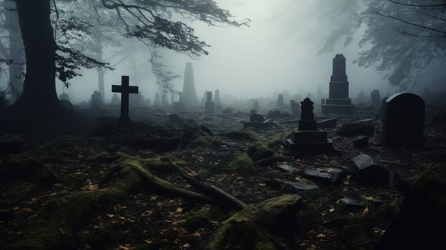 As the fog creeps in, the graves and ruins become hazy and indistinct, magnifying the eerie and unsettling atmosphere. photo