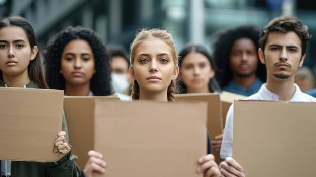 A group of diverse people from different backgrounds holding up signs with messages against cyberbullying and promoting digital empathy photo