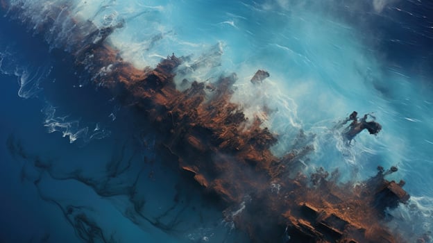The topdown view reveals a sprawling ocean disaster, as thick layers of oil cover the onceblue waters below. photo