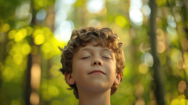 A young boy with his eyes closed and a calm expression on his face surrounded by a group of trees as he practices grounding and mindfulness in the forest photo