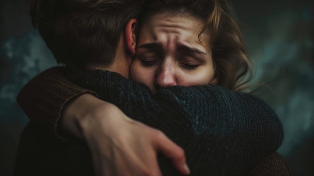 Two people hugging tightly their expressions showing the pain of saying goodbye photo