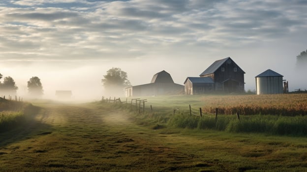 As the fog rolls in, the farm takes on an eerie quality, the old barns and silos disappearing into the thick white clouds. photo