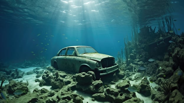 In the depths, a forgotten parking lot of submerged cars creates an otherworldly landscape, an unintentional artificial reef. photo