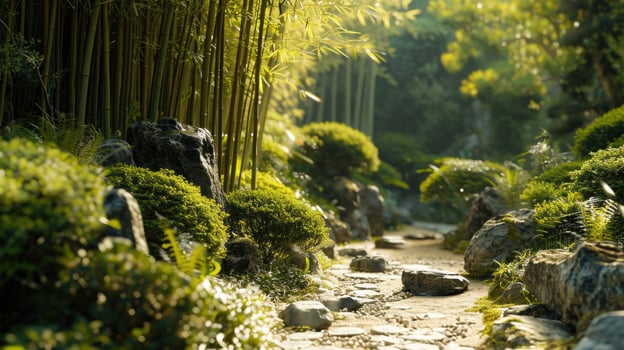 A Zen garden with a small bamboo forest in the background. photo