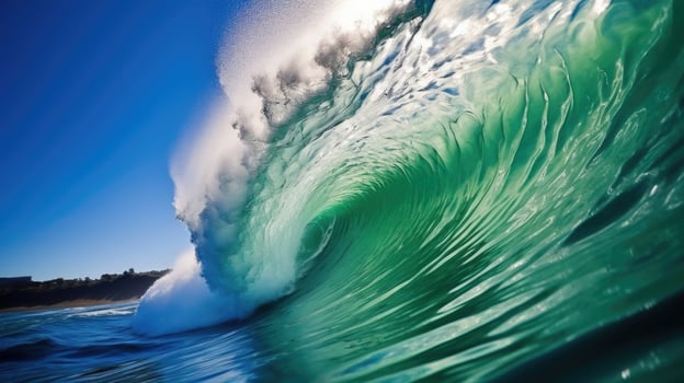A macro shot of a tsunami wave cresting and crashing onto a shoreline, as the powerful force of the water is captured in the image. photo