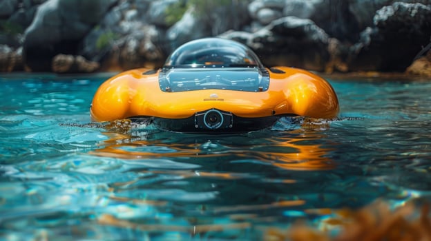 A yellow submarine with a clear dome floats on the surface of calm, blue water. photo