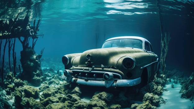 Amidst the deep blue, abandoned vehicles litter the ocean floor, creating a surreal and unexpected underwater museum. photo