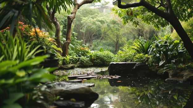 The gentle chirping of birds and the soft rustling of leaves provide a soothing soundtrack for a group guided meditation session in a lush garden. photo