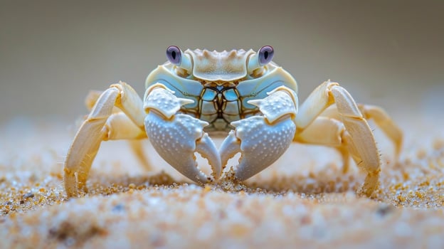 Closeup of a crabs beady black eyes focused intently on the grains of sand beneath its delicate pointed claws photo
