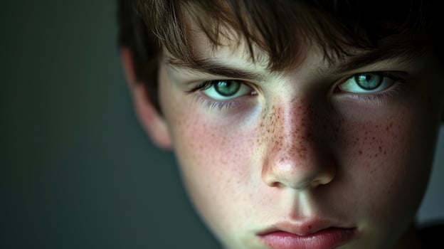 A teenage boy with a trembling lower lip and a worried look on his face photo