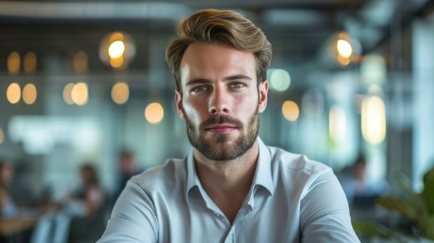 A man visibly sweating and looking uncomfortable at a work conference photo