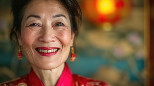 A woman of Asian descent smiles proudly her traditional garments and natural features a celebration of her heritage and selfacceptance photo