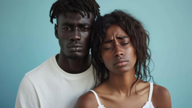 An interracial couple standing apart from each other both with tears running down their photo
