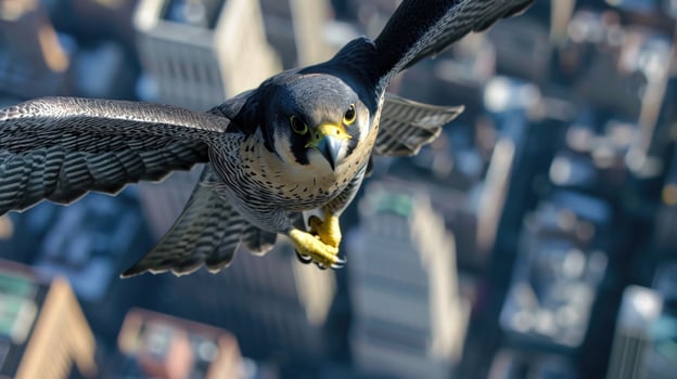 Closeup of a peregrine falcon swooping down from the top of a skyser its powerful wings spread wide as it hunts for food. Its sleek and agile body perfectly adapted for navigatin photo