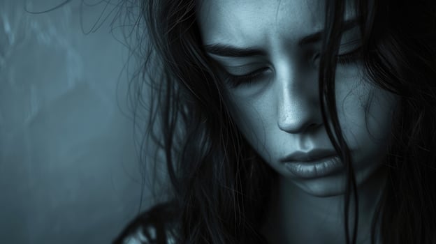 A teenage girl crying in pain as she goes through heroin withdrawal her body wracked with nausea and muscle aches photo