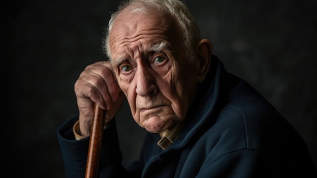 An older man with a pained look on his face holding onto a walking cane for support photo