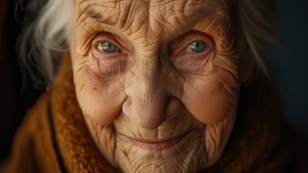 An elderly woman smiles warmly at the camera her eyes ling with stories of resilience and survival photo