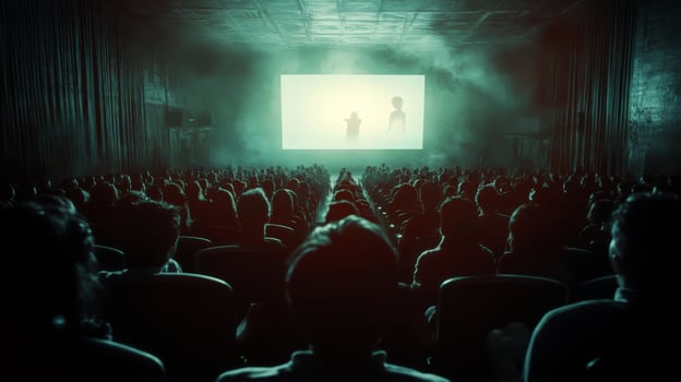 A large crowd sits in a vintage theater, captivated by a film projected on a bright screen, surrounded by low light and mist. photo
